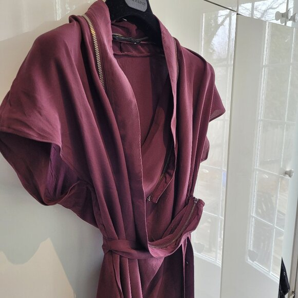 All Saints Burgundy 100% Silk Adria Zipper Dress Size 4 - Picture 5 of 7